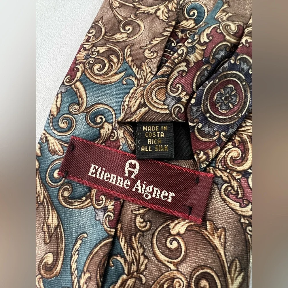 Etienne Aigner - Men's Shimmering Blue /Brown /Red 100% Silk Neck Tie 3